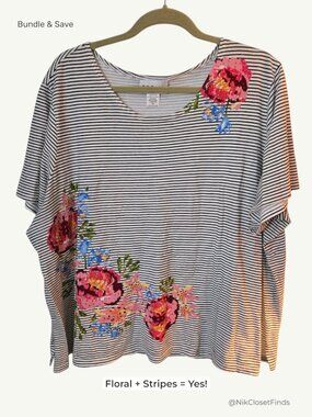 C.D. Daniels Floral Stripe Tee – Embellished Stones, Scoop Neck, 2X